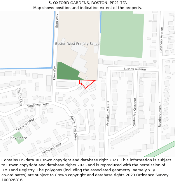 5, OXFORD GARDENS, BOSTON, PE21 7FA: Location map and indicative extent of plot