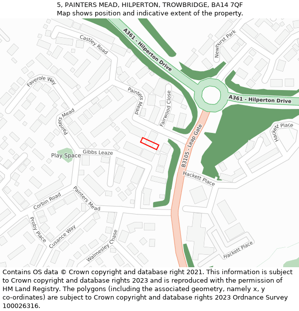 5, PAINTERS MEAD, HILPERTON, TROWBRIDGE, BA14 7QF: Location map and indicative extent of plot