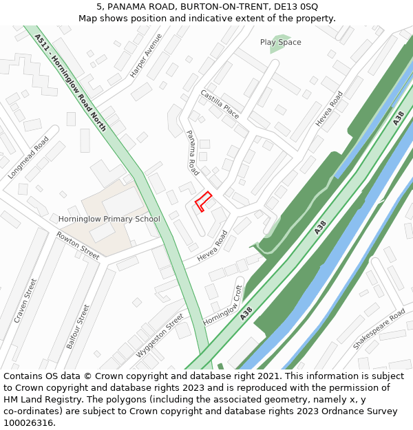 5, PANAMA ROAD, BURTON-ON-TRENT, DE13 0SQ: Location map and indicative extent of plot