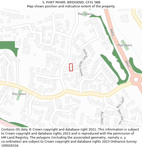 5, PANT MAWR, BRIDGEND, CF31 5BB: Location map and indicative extent of plot