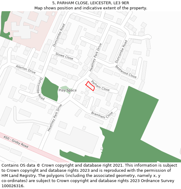 5, PARHAM CLOSE, LEICESTER, LE3 9ER: Location map and indicative extent of plot