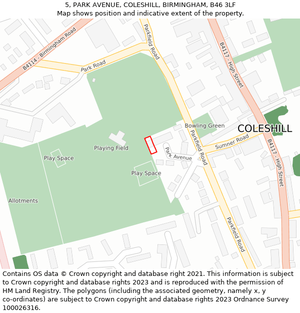 5, PARK AVENUE, COLESHILL, BIRMINGHAM, B46 3LF: Location map and indicative extent of plot