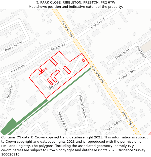 5, PARK CLOSE, RIBBLETON, PRESTON, PR2 6YW: Location map and indicative extent of plot