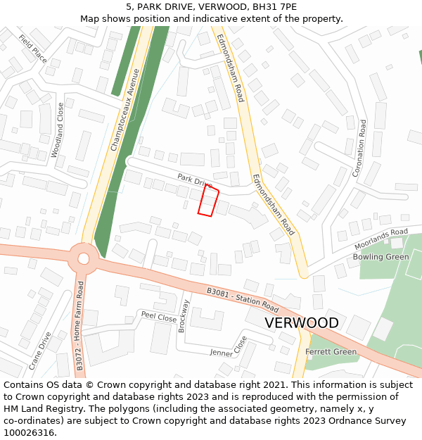 5, PARK DRIVE, VERWOOD, BH31 7PE: Location map and indicative extent of plot