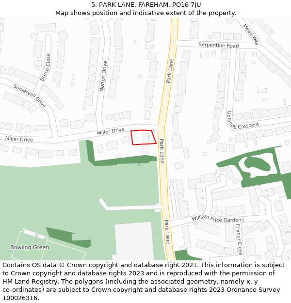 5, PARK LANE, FAREHAM, PO16 7JU: Location map and indicative extent of plot