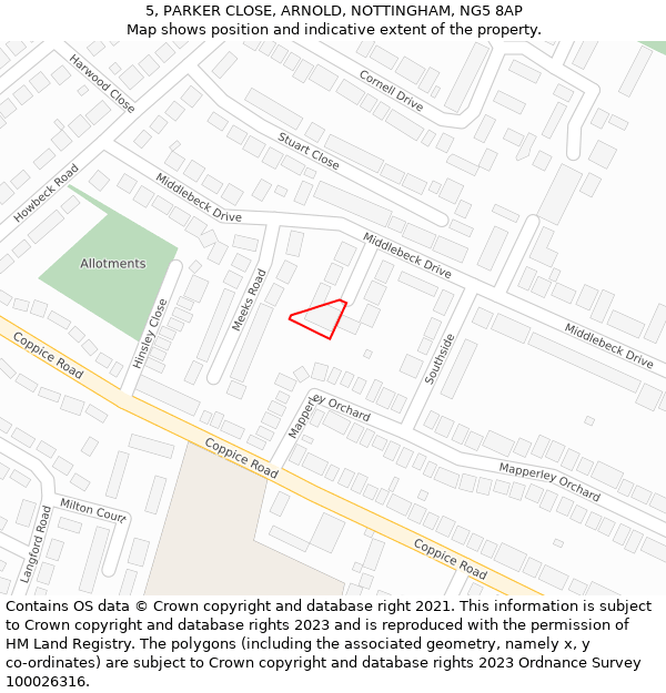 5, PARKER CLOSE, ARNOLD, NOTTINGHAM, NG5 8AP: Location map and indicative extent of plot