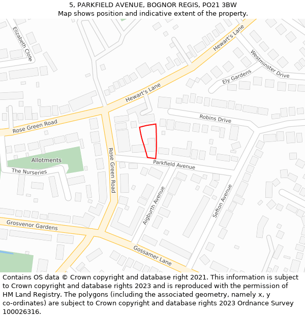 5, PARKFIELD AVENUE, BOGNOR REGIS, PO21 3BW: Location map and indicative extent of plot