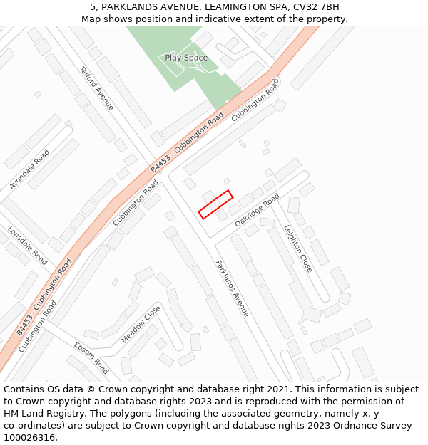 5, PARKLANDS AVENUE, LEAMINGTON SPA, CV32 7BH: Location map and indicative extent of plot