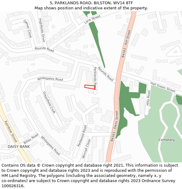 5, PARKLANDS ROAD, BILSTON, WV14 8TF: Location map and indicative extent of plot