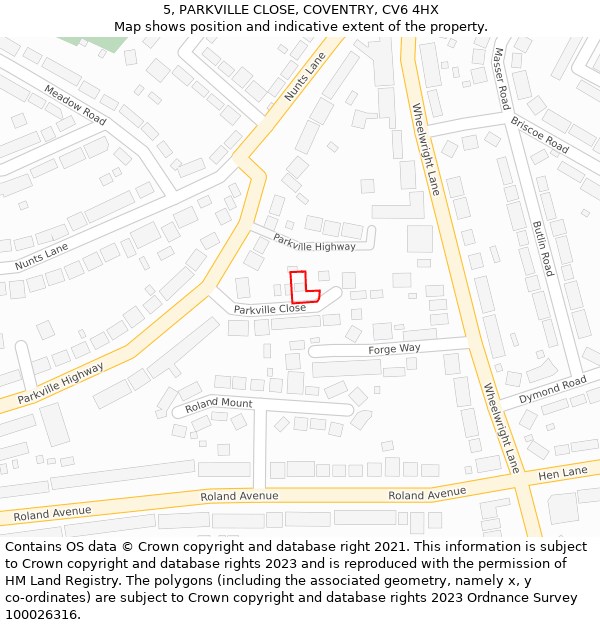 5, PARKVILLE CLOSE, COVENTRY, CV6 4HX: Location map and indicative extent of plot