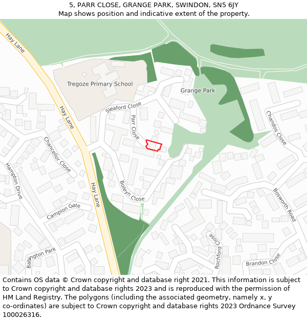 5, PARR CLOSE, GRANGE PARK, SWINDON, SN5 6JY: Location map and indicative extent of plot