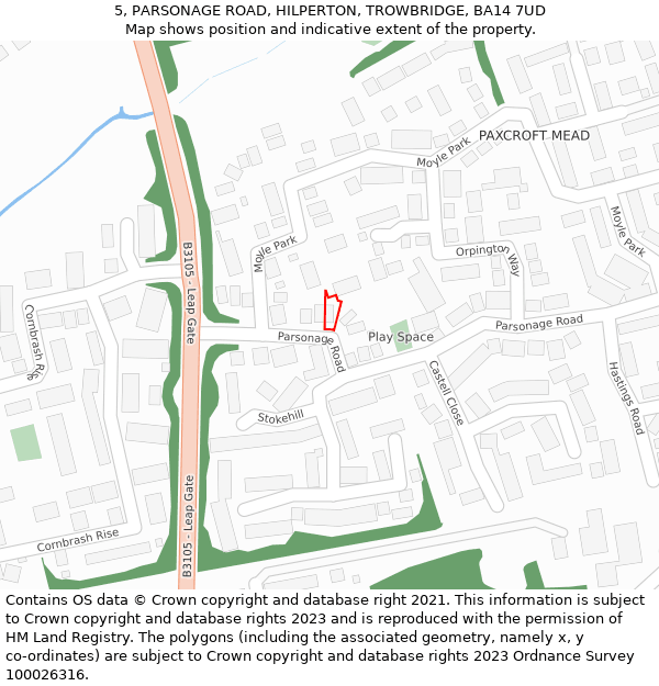 5, PARSONAGE ROAD, HILPERTON, TROWBRIDGE, BA14 7UD: Location map and indicative extent of plot