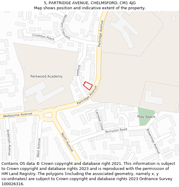 5, PARTRIDGE AVENUE, CHELMSFORD, CM1 4JG: Location map and indicative extent of plot