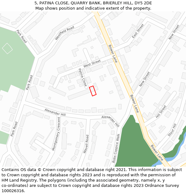 5, PATINA CLOSE, QUARRY BANK, BRIERLEY HILL, DY5 2DE: Location map and indicative extent of plot