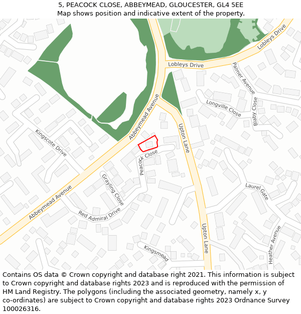 5, PEACOCK CLOSE, ABBEYMEAD, GLOUCESTER, GL4 5EE: Location map and indicative extent of plot
