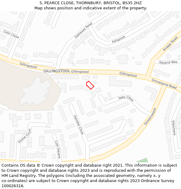 5, PEARCE CLOSE, THORNBURY, BRISTOL, BS35 2HZ: Location map and indicative extent of plot