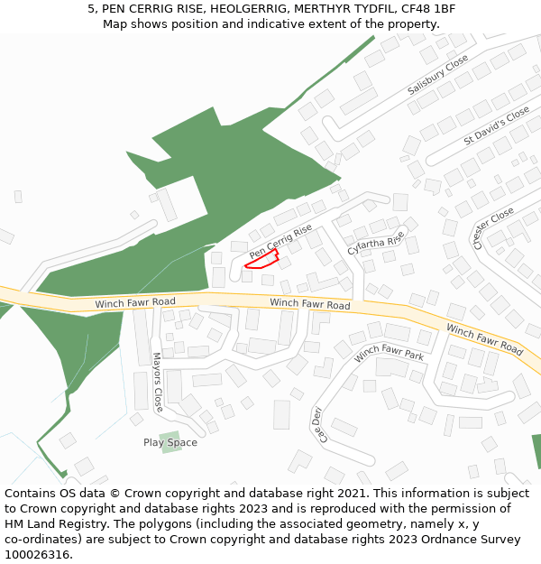 5, PEN CERRIG RISE, HEOLGERRIG, MERTHYR TYDFIL, CF48 1BF: Location map and indicative extent of plot