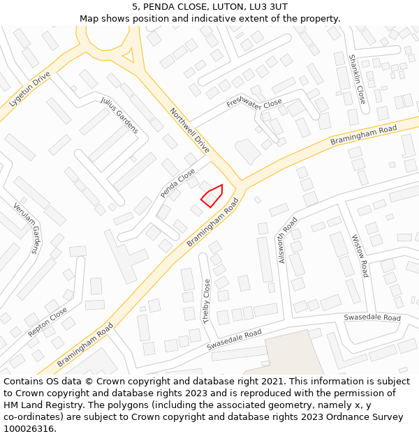 5, PENDA CLOSE, LUTON, LU3 3UT: Location map and indicative extent of plot