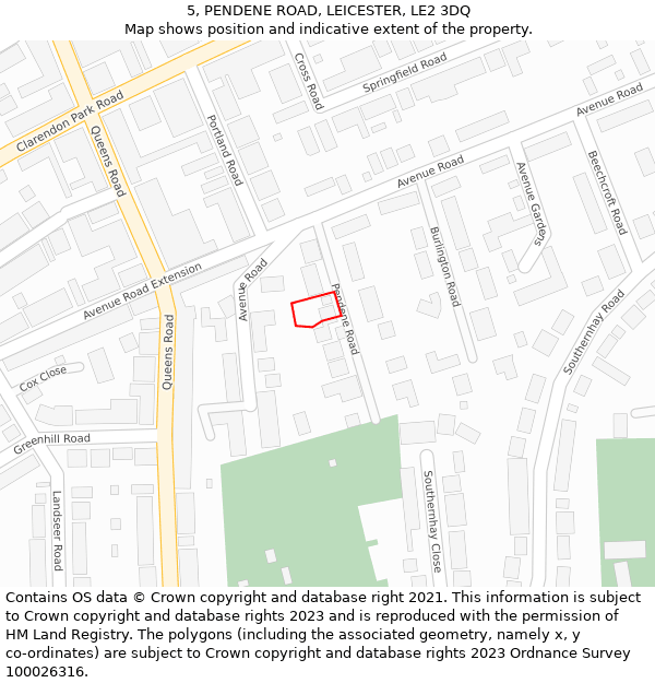 5, PENDENE ROAD, LEICESTER, LE2 3DQ: Location map and indicative extent of plot