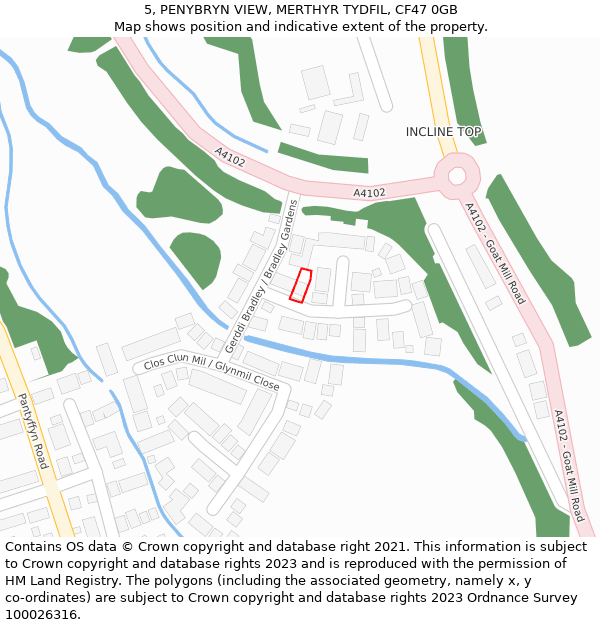 5, PENYBRYN VIEW, MERTHYR TYDFIL, CF47 0GB: Location map and indicative extent of plot