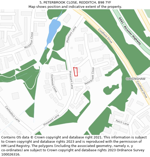 5, PETERBROOK CLOSE, REDDITCH, B98 7YF: Location map and indicative extent of plot