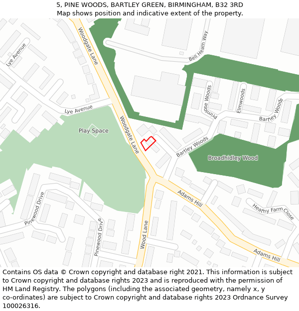 5, PINE WOODS, BARTLEY GREEN, BIRMINGHAM, B32 3RD: Location map and indicative extent of plot