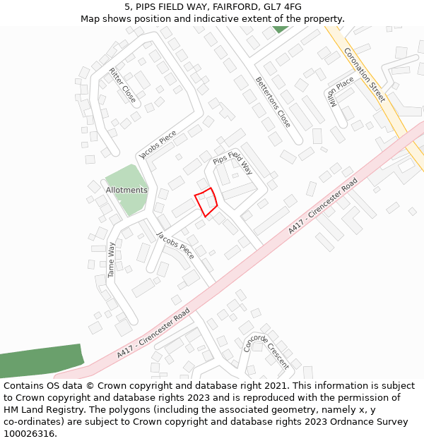 5, PIPS FIELD WAY, FAIRFORD, GL7 4FG: Location map and indicative extent of plot