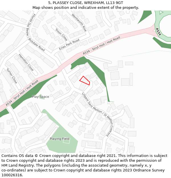 5, PLASSEY CLOSE, WREXHAM, LL13 9GT: Location map and indicative extent of plot