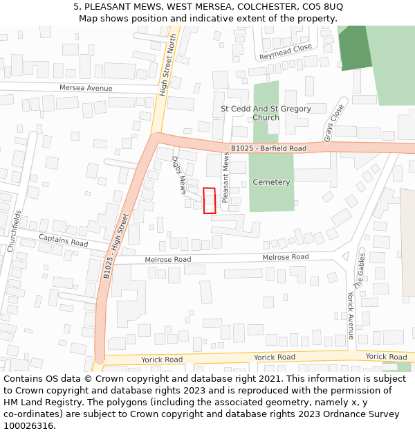 5, PLEASANT MEWS, WEST MERSEA, COLCHESTER, CO5 8UQ: Location map and indicative extent of plot