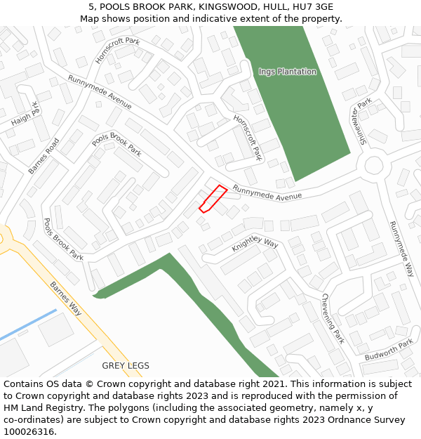 5, POOLS BROOK PARK, KINGSWOOD, HULL, HU7 3GE: Location map and indicative extent of plot