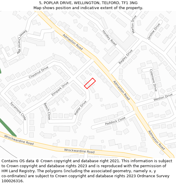 5, POPLAR DRIVE, WELLINGTON, TELFORD, TF1 3NG: Location map and indicative extent of plot