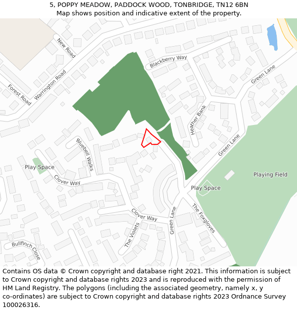 5, POPPY MEADOW, PADDOCK WOOD, TONBRIDGE, TN12 6BN: Location map and indicative extent of plot