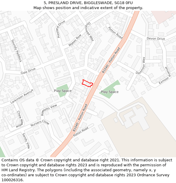 5, PRESLAND DRIVE, BIGGLESWADE, SG18 0FU: Location map and indicative extent of plot