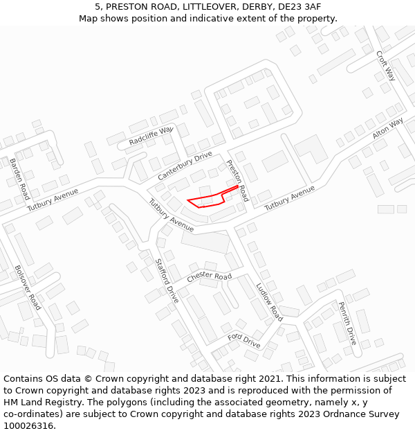 5, PRESTON ROAD, LITTLEOVER, DERBY, DE23 3AF: Location map and indicative extent of plot