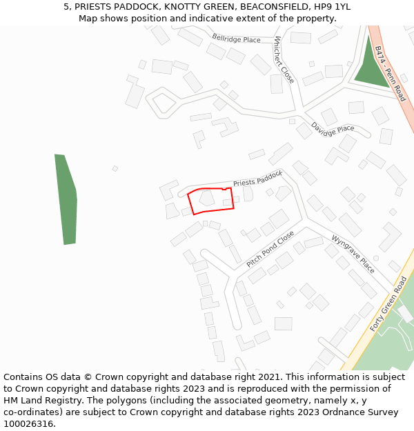 5, PRIESTS PADDOCK, KNOTTY GREEN, BEACONSFIELD, HP9 1YL: Location map and indicative extent of plot