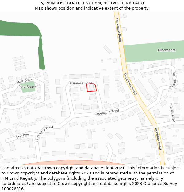 5, PRIMROSE ROAD, HINGHAM, NORWICH, NR9 4HQ: Location map and indicative extent of plot