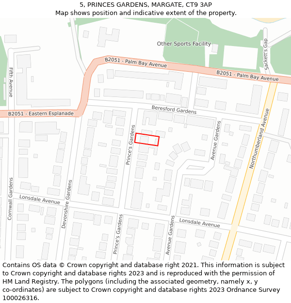 5, PRINCES GARDENS, MARGATE, CT9 3AP: Location map and indicative extent of plot