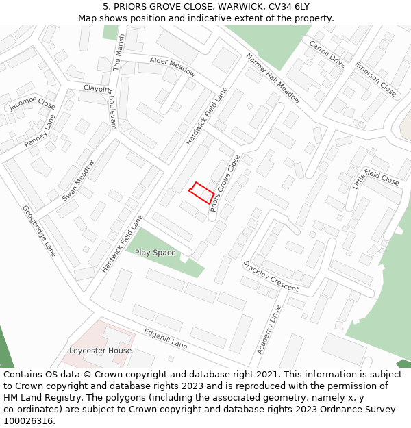 5, PRIORS GROVE CLOSE, WARWICK, CV34 6LY: Location map and indicative extent of plot