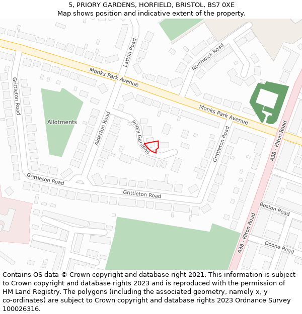 5, PRIORY GARDENS, HORFIELD, BRISTOL, BS7 0XE: Location map and indicative extent of plot