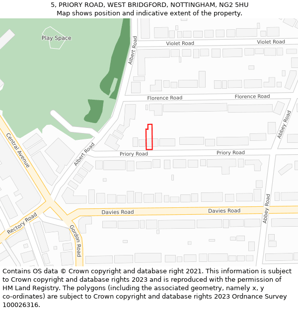 5, PRIORY ROAD, WEST BRIDGFORD, NOTTINGHAM, NG2 5HU: Location map and indicative extent of plot