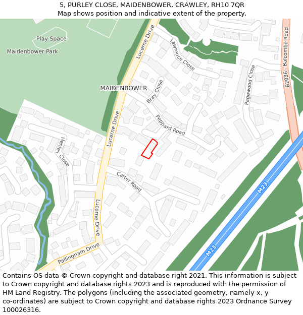 5, PURLEY CLOSE, MAIDENBOWER, CRAWLEY, RH10 7QR: Location map and indicative extent of plot