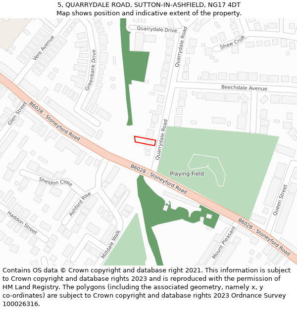 5, QUARRYDALE ROAD, SUTTON-IN-ASHFIELD, NG17 4DT: Location map and indicative extent of plot
