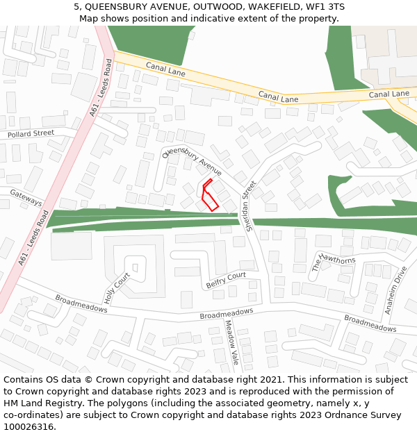 5, QUEENSBURY AVENUE, OUTWOOD, WAKEFIELD, WF1 3TS: Location map and indicative extent of plot