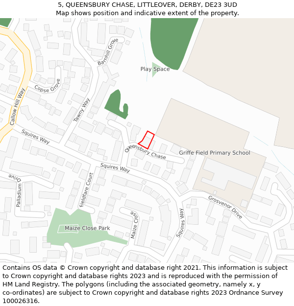 5, QUEENSBURY CHASE, LITTLEOVER, DERBY, DE23 3UD: Location map and indicative extent of plot