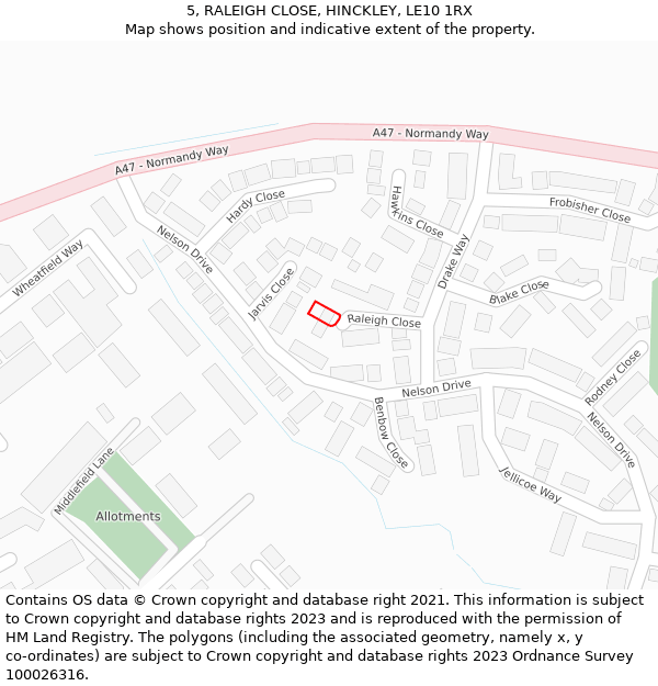 5, RALEIGH CLOSE, HINCKLEY, LE10 1RX: Location map and indicative extent of plot