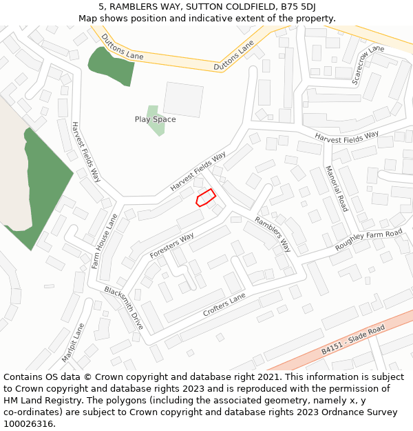 5, RAMBLERS WAY, SUTTON COLDFIELD, B75 5DJ: Location map and indicative extent of plot