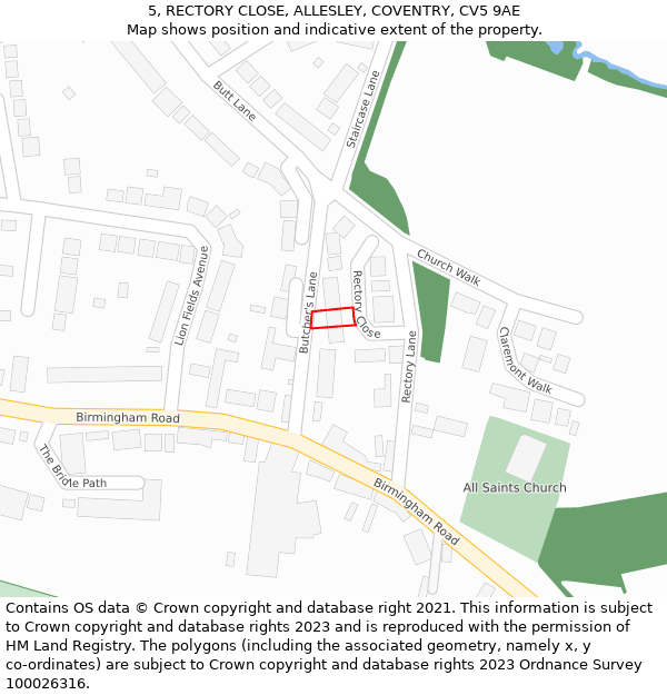 5, RECTORY CLOSE, ALLESLEY, COVENTRY, CV5 9AE: Location map and indicative extent of plot