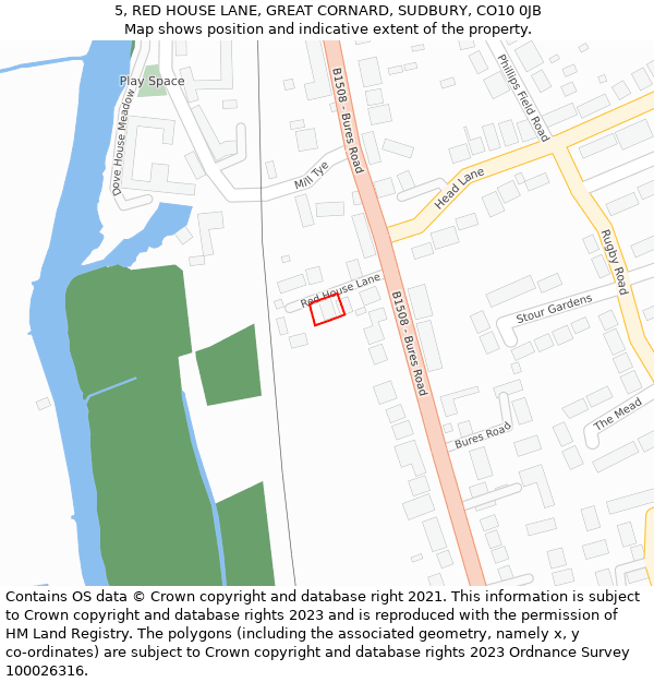 5, RED HOUSE LANE, GREAT CORNARD, SUDBURY, CO10 0JB: Location map and indicative extent of plot