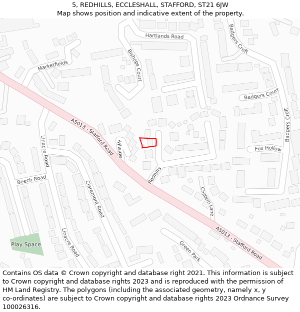 5, REDHILLS, ECCLESHALL, STAFFORD, ST21 6JW: Location map and indicative extent of plot