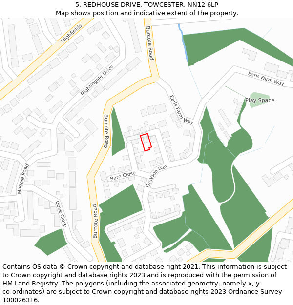 5, REDHOUSE DRIVE, TOWCESTER, NN12 6LP: Location map and indicative extent of plot